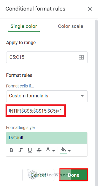 Using COUNIF Formula to highlight duplicates in Google Sheets