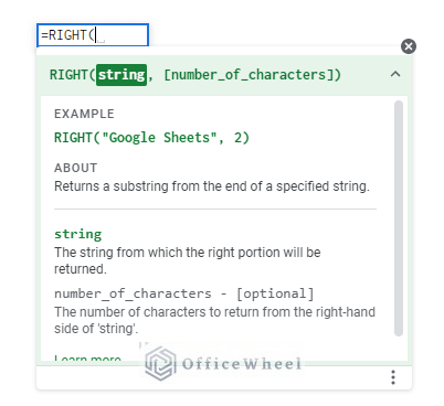 RIGHT function syntax details to understand how to remove first character in google sheet