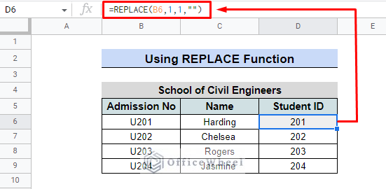 application of REPLACE function to remove the first character in google sheets