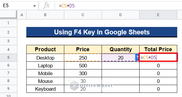 Using F4 Key to Add Dollar Sign in Google Sheets Formula