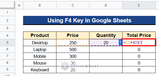 Using F4 Key to Add Dollar Sign in Google Sheets Formula
