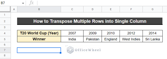 Transpose Multiple Rows into a Single Column in Google Sheets