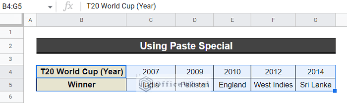 Using Paste Special Command to Copy Horizontal and Paste Vertical in Google Sheets