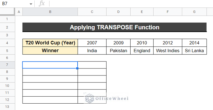 Applying TRANSPOSE Function to Copy Horizontal and Paste Vertical in Google Sheets