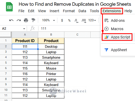Utilizing the Apps Script Extension to Find and Remove Duplicates in Google Sheets