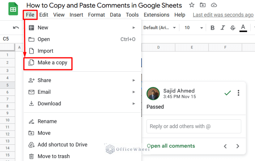 Applying Make a Copy Command to Copy and Paste Comments in Google Sheets
