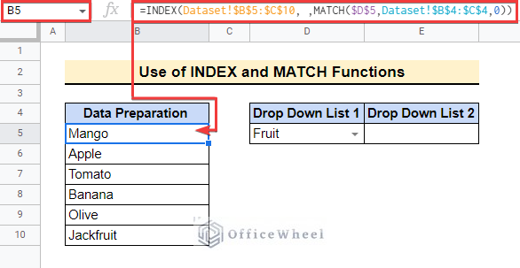 Utilizing INDEX and MATCH Functions for conditional drop down list