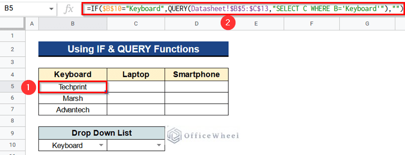 Merging IF and QUERY Functions to Update Cell Values Based on Selection in Drop Down List in Google Spreadsheet
