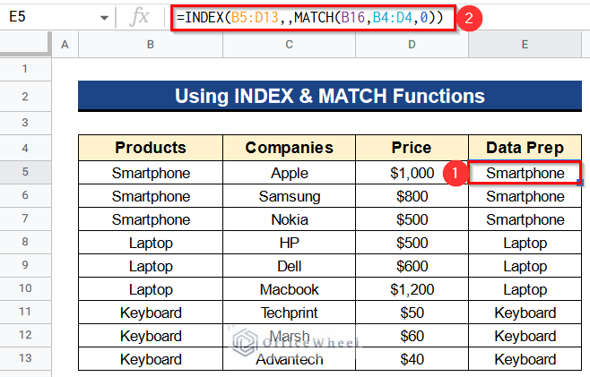 Joining INDEX and MATCH Functions to Update Cell Values Based on Selection in Drop Down List in Google Spreadsheet