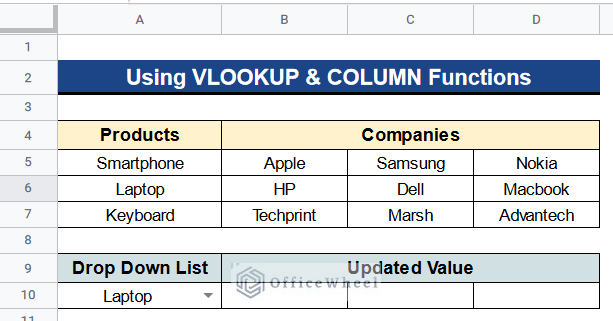 Combining VLOOKUP and COLUMN Functions to Update Cell Values Based on Selection in Drop Down List in Google Spreadsheet