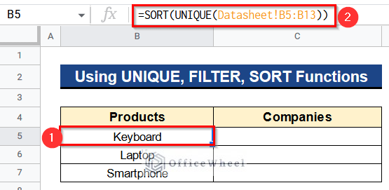 Combining UNIQUE, FILTER, and SORT Functions to Update Cell Values Based on Selection in Drop Down List in Google Spreadsheet