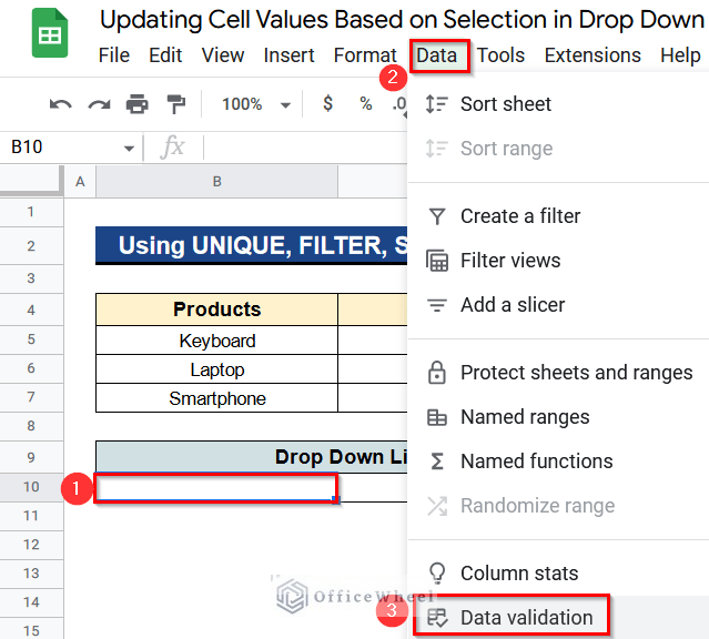 Combining UNIQUE, FILTER, and SORT Functions to Update Cell Values Based on Selection in Drop Down List in Google Spreadsheet