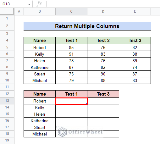 select cell for arrayformula with vlookup for returning multiple columns