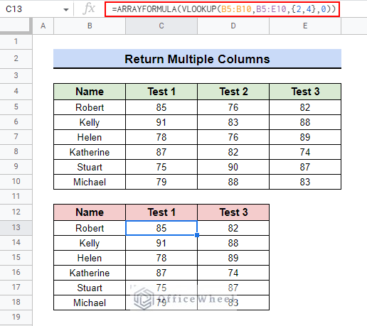 final result after return data in multiple columns for ARRAYFORMULA with VLOOKUP in Google Sheets