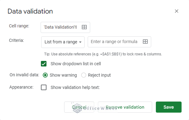 data validation window