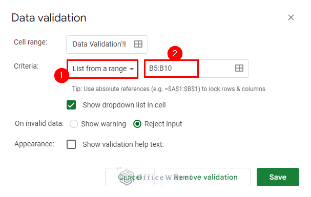select data validation range