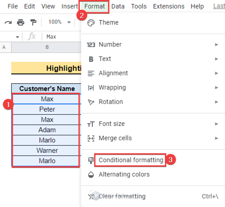 Conditional Formatting Highlight Duplicates in Google Sheets