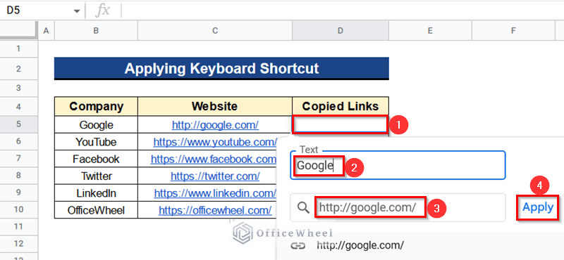 Applying Keyboard Shortcut to Copy and Paste Link in Google Sheets