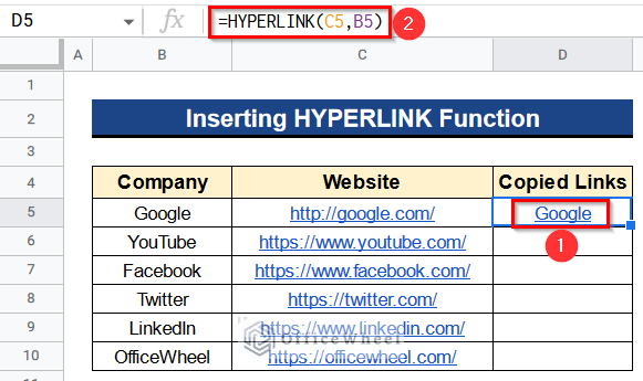 Inserting HYPERLINK Function to Copy and Paste Link in Google Sheets