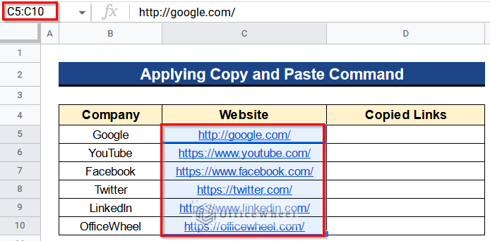Applying Copy and Paste Command to Copy and Paste Link in Google Sheets