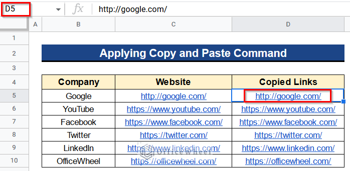 Applying Copy and Paste Command to Copy and Paste Link in Google Sheets
