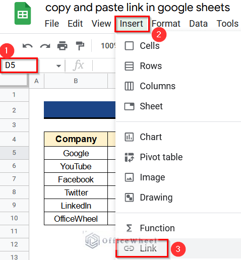 Applying Insert Menu to Copy and Paste Link in Google Sheets
