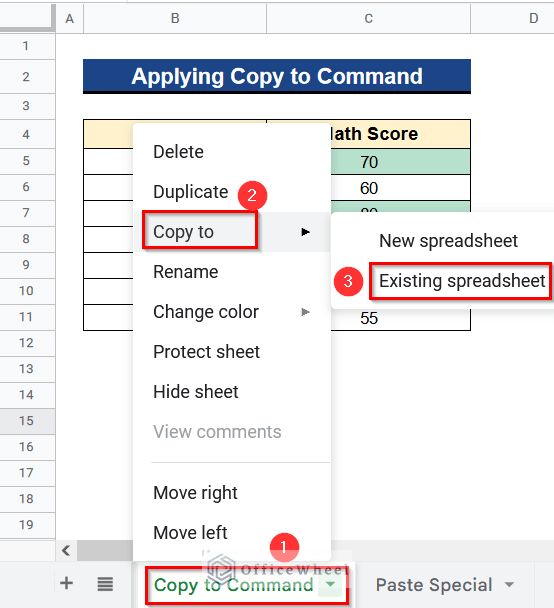 Applying Copy to Command to Copy Conditional Formatting from One Sheet to Another Google Sheets