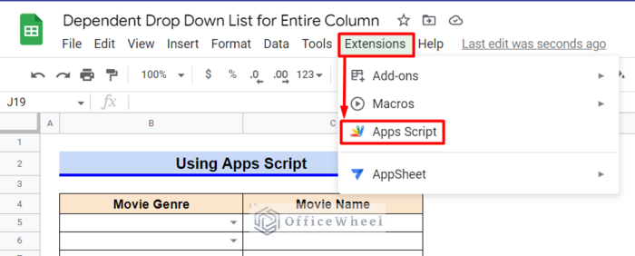 2. Use Apps Script to Create Dependent Drop Down List for Entire Column 