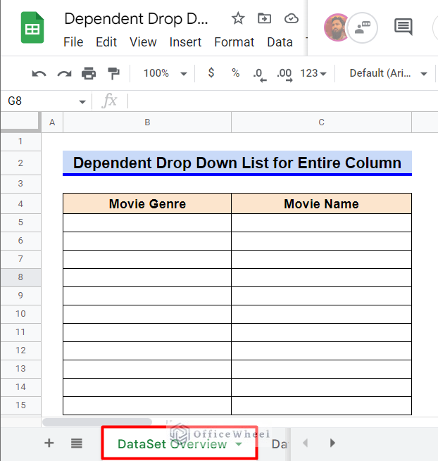 dependent drop down list for entire column google sheets