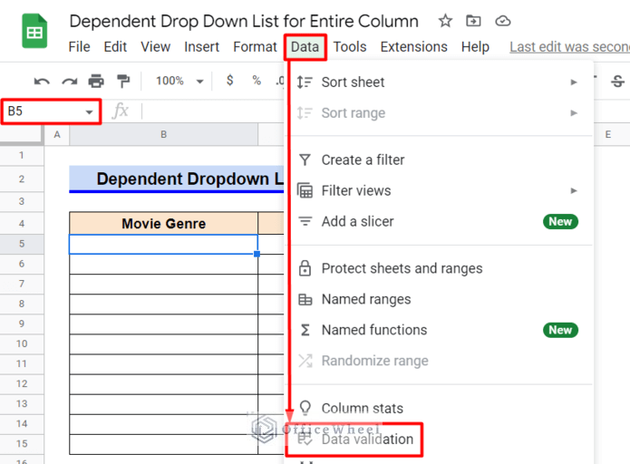 First Data Validation for Create Dependent Drop Down List for Entire Column Using Formula