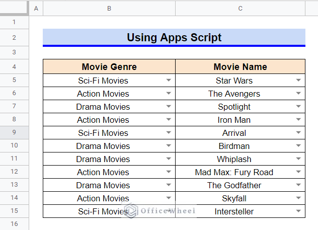 Use Apps Script to Create Dependent Drop Down List for Entire Column