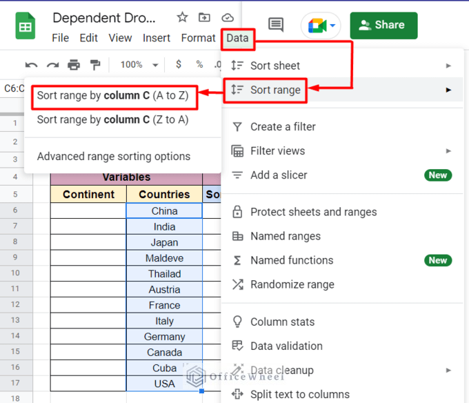 Sorting Data to Create Filter Dependent Dropdown Lists in Google Sheets
