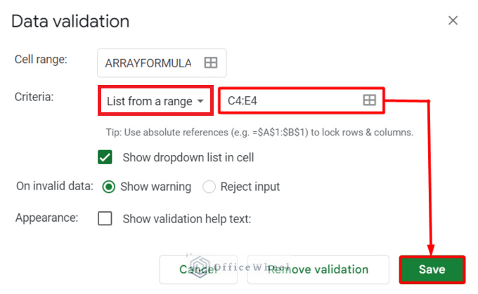 Data Validation in Use of ARRAYFORMULA Function to Make Dependent Dropdown Lists in Google Sheets