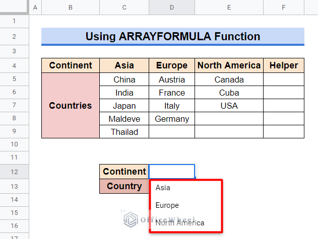 First Dropdown List in Use of ARRAYFORMULA Function to Make Dependent Dropdown Lists in Google Sheets