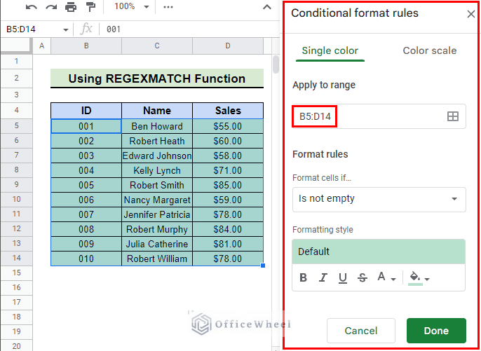 conditional format sidebar with range for regexmatch