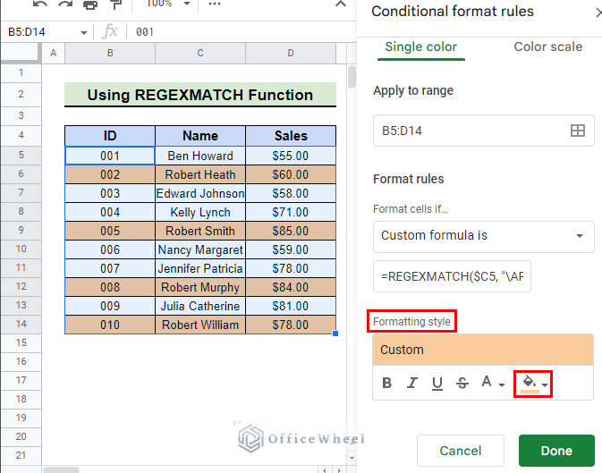 select custom format for conditional formatting using regexmatch