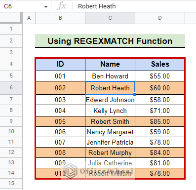 output for conditional formatting using regexmatch to highlight row