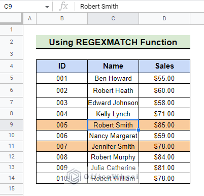 regexmatch for conditional formatting for last name