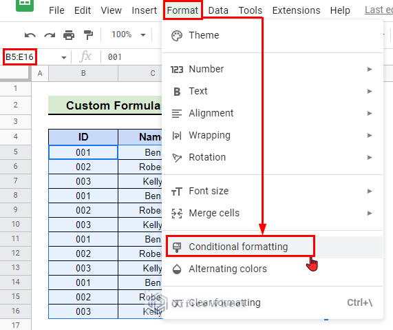 selecting conditional formatting from format panel