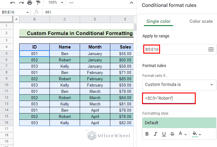 insert custom formula to highlight row using conditional formatting