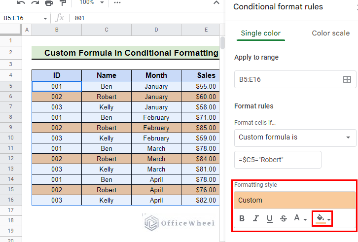 select custom format for conditional formatting with custom formula