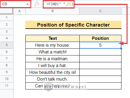 Find Position of Specific Character in google sheets