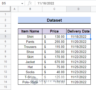 dataset for Highlight Row Based on Date in Google Sheets