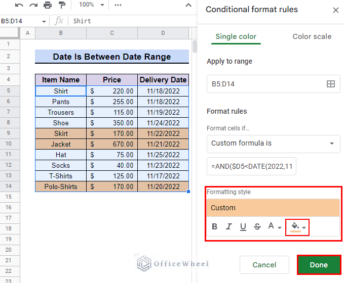 custom formatting to Highlight row Based on date between date range in Google Sheets