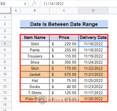 final data table after Highlighting row Based on date between date range in Google Sheets