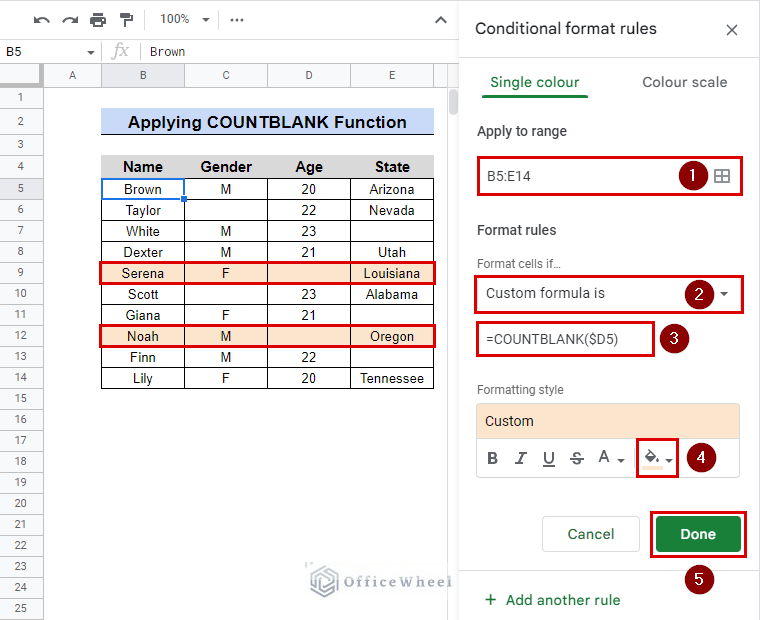 highlight row when cell is empty using countblank formula