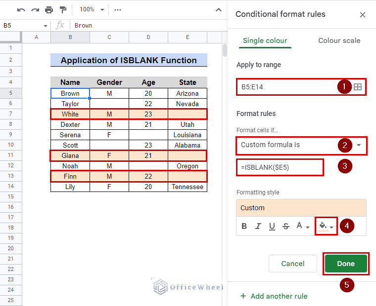 highlight row when cell is empty using isblank formula