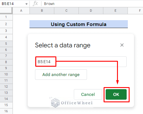 how to select data range when conditional formatiing