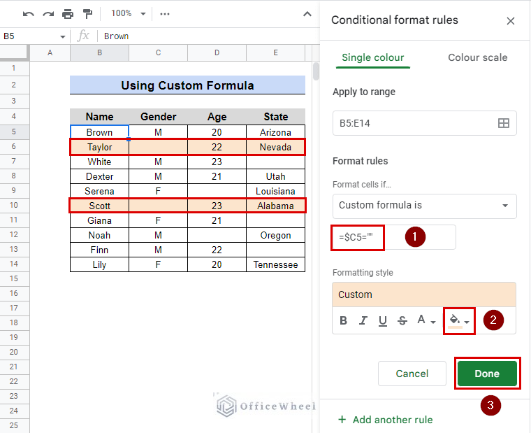 highlight row when cell is empty using custom formula