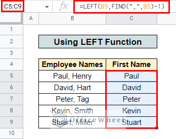 final outcome after using left function to remove text after character in google sheets